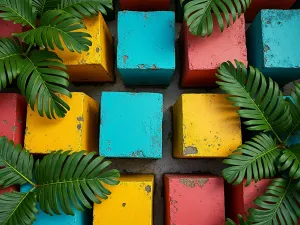 Tropical Paradise Blocks - Aerial view of brightly painted tropical-themed cinder blocks in paradise colors, filled with exotic tropical plants