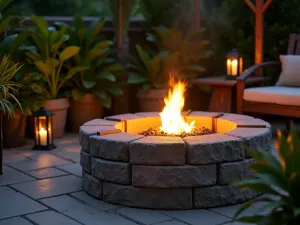 Tropical Paradise Fire Pit - Close-up of a tiki-styled cinder block fire pit with bamboo accents, surrounded by tropical plants and mood lighting