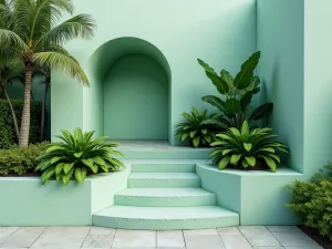 Tropical Paradise Wall - A curved cinder block wall painted in seafoam green, with built-in planters holding bird of paradise plants and tropical ferns, wide angle view showing the sweeping curve