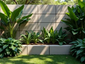 Tropical Privacy Screen - Close-up of a cinder block wall used as a privacy screen, with blocks arranged in a geometric pattern and filled with tropical plants like bird of paradise and monstera, dappled sunlight creating interesting shadows