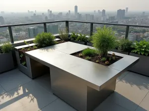 Urban Rooftop Block Table - Modern rooftop table setup using metallic-painted cinder blocks and steel top, with built-in herb garden sections, aerial city view perspective