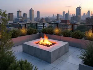 Urban Rooftop Fire Pit - Aerial view of a sleek cinder block fire pit on a modern rooftop garden, with container plants and city skyline views