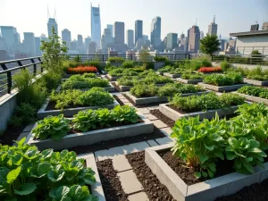 Urban Rooftop Garden - A modern rooftop vegetable garden using cinder blocks to create multiple growing areas. Mixed vegetables and edible flowers, with city skyline in background. Aerial view showing the geometric pattern of the blocks.