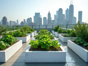 Urban Vegetable Garden - Modern rooftop garden with white-painted cinder block raised beds, various vegetables growing, city skyline in background, wide angle view