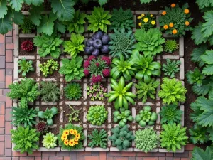 Urban Vegetable Garden - Aerial view of an efficient urban vegetable garden created with cinder blocks in a grid pattern, filled with various vegetables and edible flowers, demonstrating square foot gardening