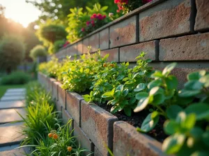 Vertical Cinder Block Garden Wall - Wide-angle shot of a vertical cinder block wall garden with blocks arranged in a staggered pattern, filled with herbs and flowering plants, morning dew visible