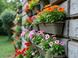 Vertical Garden Wall - A tall cinder block wall transformed into a living wall with multiple pocket planters filled with colorful sedums, hen and chicks, and trailing petunias, close-up detail shot