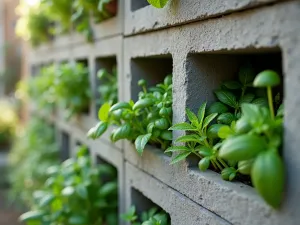 Vertical Herb Garden Wall - A modern vertical garden made from stacked cinder blocks, each cavity filled with different herbs like basil, thyme, and mint. Natural concrete texture, soft afternoon lighting, close-up view showing the detailed arrangement of plants