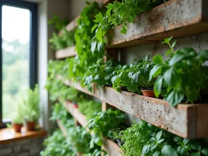 Vertical Herb Wall - Modern vertical herb garden using stacked cinder blocks, organized by culinary uses, kitchen visible through window, close-up detail