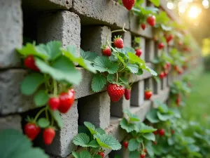 Vertical Strawberry Wall - A vertical garden wall made of stacked cinder blocks, each hole planted with strawberry plants cascading down. Green leaves and red berries visible, morning light. Close-up perspective.