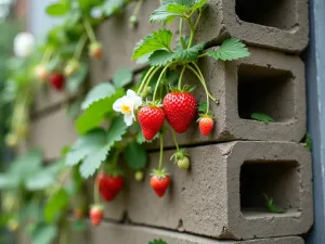 Vertical Strawberry Tower - Close-up of a tall vertical strawberry planter made from stacked cinder blocks, with strawberry plants cascading down, showing ripe fruits and flowers