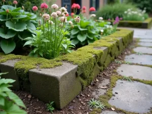 Vintage Garden Edge - Moss-covered cinder block garden edging with antique finish, surrounded by traditional cottage garden plants