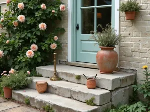 Vintage Pastel Garden Corner - Corner view of weathered-look painted cinder blocks in soft vintage colors, featuring climbing roses and vintage garden accessories