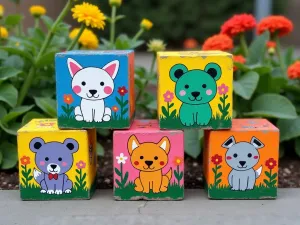 Whimsical Children's Garden Blocks - Colorful animal-themed painted cinder blocks arranged in a playful pattern, each featuring different garden flowers and cheerful designs, photographed at eye level