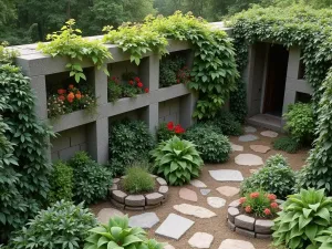 Wildlife-Friendly Block Wall - An environmentally conscious cinder block wall with intentional gaps for wildlife, covered in native vines and climbing roses, with bird nesting spots integrated, aerial view showing the complete ecosystem