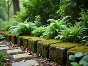 Woodland Garden Edge - Natural-looking cinder block border covered in moss and ferns, creating a shaded woodland garden edge