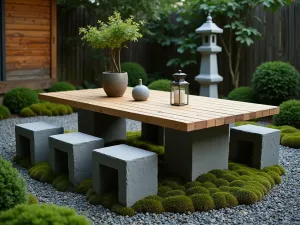 Zen Garden Block Table - Simple Japanese-inspired table made from aligned cinder blocks with bamboo top, surrounded by moss garden and stone lanterns, peaceful evening lighting