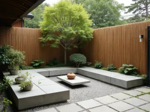 Zen Garden Blocks - Wide angle of a Japanese-inspired seating area with low-profile cinder block benches, bamboo privacy screens, and zen garden elements