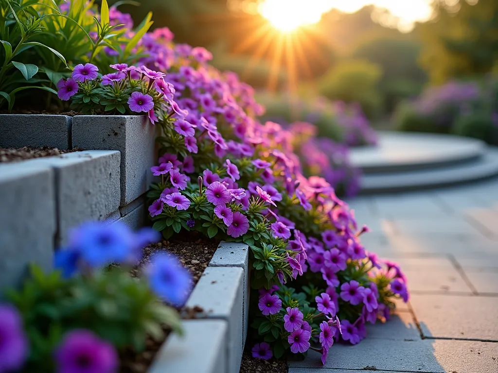 Sunset Cinderblock Garden Cascade - A stunning wide-angle photograph of a terraced cinderblock garden structure at golden hour, creating a dramatic cascading display of vibrant purple petunias and blue lobelia flowers. The 4-tier structure spans 8 feet wide and features staggered gray cinderblocks filled with rich soil, allowing the flowering plants to spill over each level like a living waterfall. Soft evening sunlight filters through the trailing blooms, casting gentle shadows on the textured cinderblock surface. The background shows a blurred modern patio space with natural stone pavers. Shot with a 16-35mm lens at f/2.8, ISO 400, capturing the depth and dimension of the flowing floral display with pristine clarity.