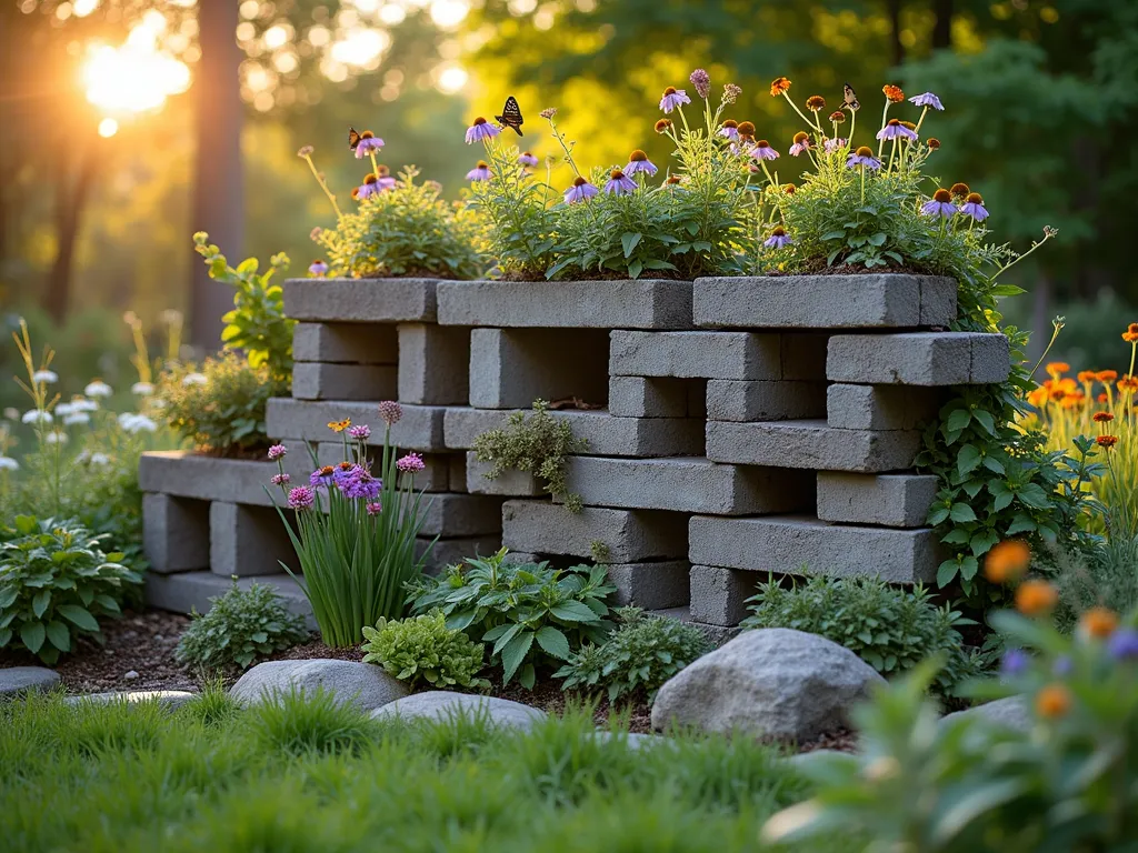 Cinderblock Wildlife Garden Sanctuary - A serene garden scene at golden hour showing an artistic arrangement of stacked cinderblocks creating a naturalistic habitat wall. The blocks are positioned at varying heights and angles, with some cavities filled with flowering native plants like purple coneflowers and black-eyed susans, while others remain open as wildlife shelters. Small birds perch near the openings, and beneficial insects like butterflies hover around the blooms. The cinderblock structure is partially covered with climbing ivy and moss, giving it an established, organic feel. Shot from a medium-wide angle to showcase the entire habitat wall while capturing the warm evening sunlight filtering through the foliage, creating gentle shadows and highlighting the textural elements. Professional DSLR photo with pristine clarity and natural depth of field, f/8, ISO 100, 1/125 sec.