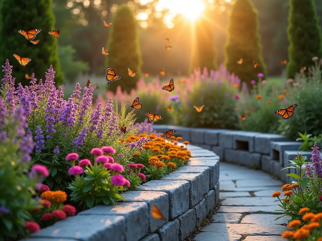 Curved Cinderblock Butterfly Haven - A sweeping curved garden wall made of gray cinderblocks photographed during golden hour, creating a graceful S-shape through the garden. Each cinderblock opening bursts with vibrant purple butterfly bush, pink echinacea, orange lantana, and red salvia. Dozens of monarch and swallowtail butterflies hover around the flowering plants. Soft evening light filters through the blocks creating a magical pattern on the ground. The wall is backdropped by mature evergreens and flowering shrubs, with a natural stone pathway winding alongside. Shot with a wide-angle lens at f/2.8 to capture the entire curved wall while maintaining dreamy bokeh in the background. The golden sunlight catches the butterflies' wings, creating ethereal sparkles throughout the scene.