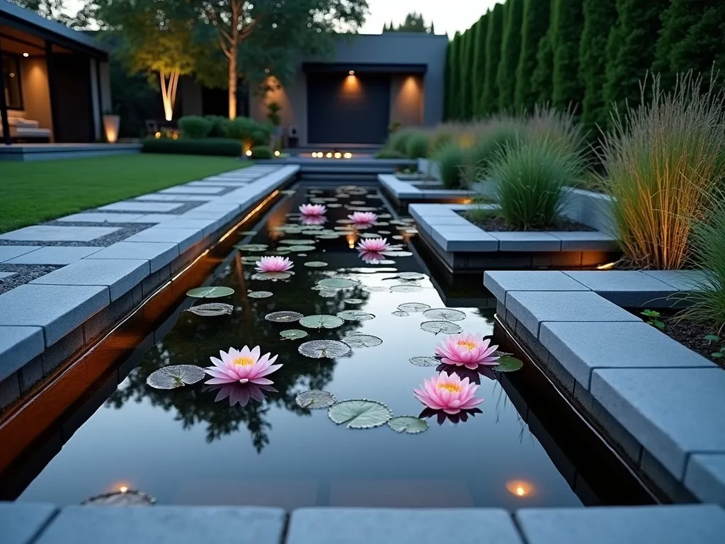 Modern Cinderblock Pond Border with Water Lilies - A sophisticated garden pond at dusk with modern gray cinderblock borders creating multiple tiers and shelves, partially submerged in crystal-clear water. Pink and white water lilies float serenely on the surface while marginal plants emerge from the blocks. LED strip lighting along the top edge of the blocks creates a subtle glow, reflecting in the water. Wide-angle shot capturing the geometric patterns of the blocks contrasting with the organic shapes of the plants. The background features a manicured lawn and contemporary landscaping with architectural grasses.