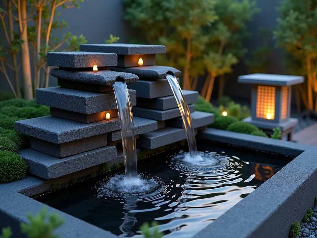 Zen Cinderblock Water Feature at Dusk - A serene Japanese-inspired water feature crafted from stacked charcoal-gray cinderblocks, photographed at dusk with soft ambient lighting. The multi-tiered structure features sleek bamboo spouts creating gentle water cascades. Smooth black river rocks and carefully placed moss surround the base, while dwarf bamboo plants frame the scene. The water reflects the warm glow of traditional stone lanterns, creating a mesmerizing focal point in a minimalist garden space. Wide-angle perspective capturing the peaceful atmosphere with subtle garden lighting highlighting the flowing water.