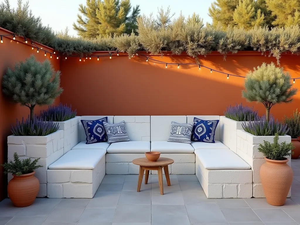 Mediterranean Cinderblock Garden Bench at Sunset - A stunning whitewashed cinderblock garden bench photographed during golden hour, set against a warm terracotta wall. The L-shaped bench features built-in planters on both ends overflowing with fragrant lavender and climbing rosemary. Terracotta pots with olive trees flank the bench, while Mediterranean herbs cascade from the planter boxes. The bench cushions feature blue and white Greek-inspired patterns, complementing the coastal Mediterranean aesthetic. Soft evening light casts long shadows across the textured cinderblock surface, while string lights overhead create a magical ambiance. The wide-angle composition captures the entire seating area while highlighting the architectural details of the cinderblock construction. Shot with a DSLR camera at f/8, ISO 100, creating perfect depth of field and crisp details of both the structure and plants. 8K resolution, photorealistic.