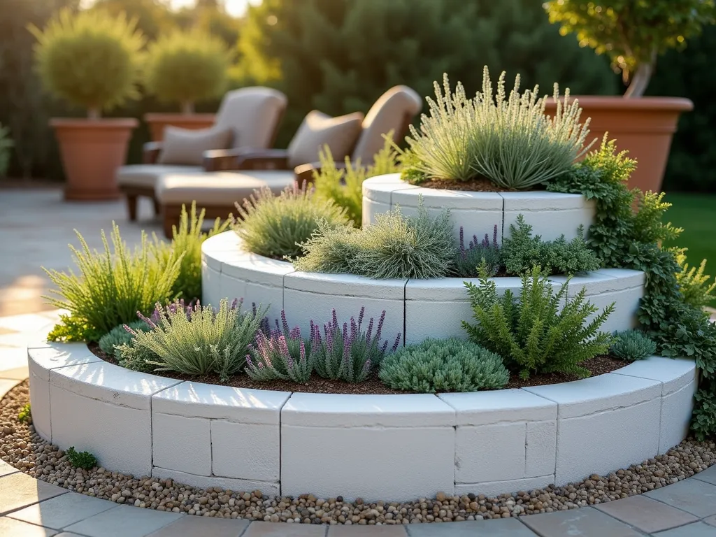 Mediterranean Herb Spiral Garden - A stunning late afternoon shot of a spiral-shaped raised garden bed made from whitewashed cinderblocks, photographed at a 45-degree angle. The spiral elegantly rises 4 feet high, creating a mesmerizing Mediterranean-style focal point. Cascading herbs including silvery-green sage, purple lavender, and creeping thyme spill over the edges of each tier. Golden sunlight casts gentle shadows across the white blocks, highlighting their texture. The spiral creates distinct planting zones, with sun-loving rosemary at the top and shade-tolerant parsley below. Small pebbles and crushed limestone paths wind between the blocks. Background shows a blurred contemporary patio setting with terracotta pots and olive trees, photographic style is crisp and architectural with soft natural lighting.