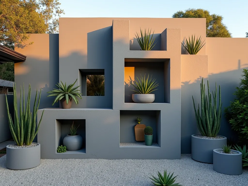 Modern Cinderblock Garden Wall Installation - A striking modern garden installation featuring geometrically arranged cinderblocks against a contemporary house wall, photographed at golden hour. The blocks are painted in varying shades of cool gray creating a sophisticated monochromatic palette. Some blocks protrude at different depths, casting dramatic shadows. Select cavities showcase sculptural succulents and air plants, while others remain empty for artistic negative space. The installation is captured from a slight angle using a wide-angle lens, showing the interplay of light and shadow across the textured surface. Soft, warm sunlight filters through some empty cavities, creating a mesmerizing pattern on the ground. Minimal contemporary furniture and crushed granite surrounding the installation complete the modern aesthetic. Shot in high resolution with crisp detail and professional lighting, emphasizing the artistic arrangement's architectural qualities.