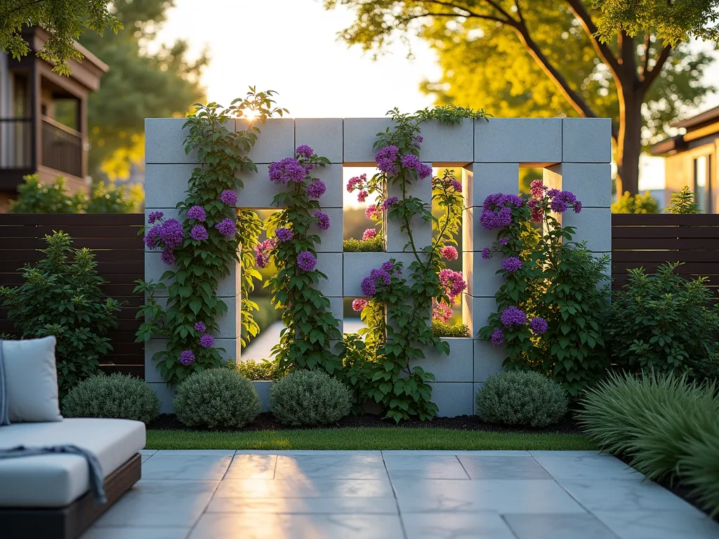 Modern Cinderblock Privacy Screen Garden - A stunning modern cinderblock privacy screen in a contemporary backyard garden, shot during golden hour. The 8-foot-tall screen features an artistic alternating pattern of light gray cinderblocks creating geometric shadows. Each block opening showcases vibrant purple clematis and emerald green ivy cascading dramatically. The screen is photographed at a slight angle to highlight its architectural details, with soft evening sunlight filtering through the planted sections. A sleek patio area with minimalist furniture is visible in the foreground, while the background shows blurred modern landscaping. The composition captures both the functional privacy aspect and the aesthetic appeal of the vertical garden feature. Shot with shallow depth of field to emphasize the interplay of plants and concrete. DSLR, wide-angle lens, f/8, ISO 100, 1/125s, natural lighting.