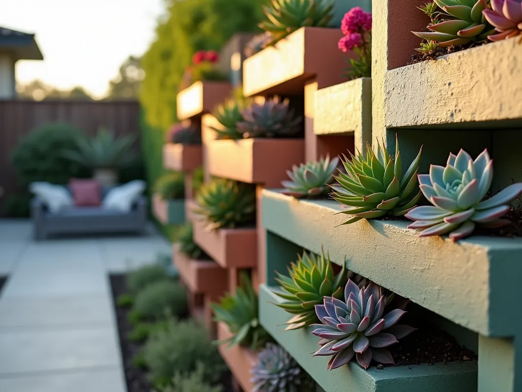 Modern Color Block Succulent Wall Garden - A stunning close-up shot of a modern geometric cinderblock wall garden at golden hour, featuring painted cinderblocks arranged in a bold color-block pattern using muted sage green, terracotta, and soft cream colors. The blocks are artfully staggered, creating a contemporary 3D effect, with vibrant succulents cascading from each opening. Echeveria in purple and pink hues, bright green Sedum, and blue-tinted Senecio serpens create a living tapestry against the painted blocks. Soft evening sunlight casts gentle shadows across the textured surface, highlighting the dimensional quality of both the blocks and the succulent plantings. The background shows a blurred modern patio setting with minimal furniture.