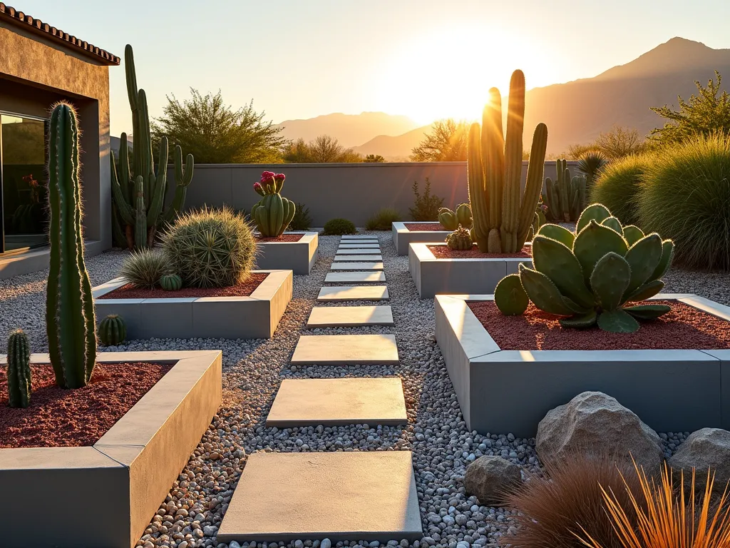 Modern Desert Cactus Block Garden - A stunning wide-angle DSLR photograph of a modern desert-style garden during golden hour sunset, featuring strategically arranged gray cinderblocks in a low, geometric pattern across a spacious backyard. The blocks create a striking horizontal composition filled with diverse cacti species, including tall Saguaro, barrel cacti, and flowering Echeveria. Decorative rose-colored and white gravel surrounds the blocks, creating elegant pathways. Desert pebbles and small boulders accent the spaces between blocks. Warm sunlight casts long shadows across the landscape, highlighting the textural contrast between the smooth concrete blocks and the spiny cacti. The background shows distant mountains bathed in golden light, while drought-resistant ornamental grasses sway gently in the foreground. Shot at f/8 for optimal depth of field, capturing rich details in both the architectural elements and plant life.