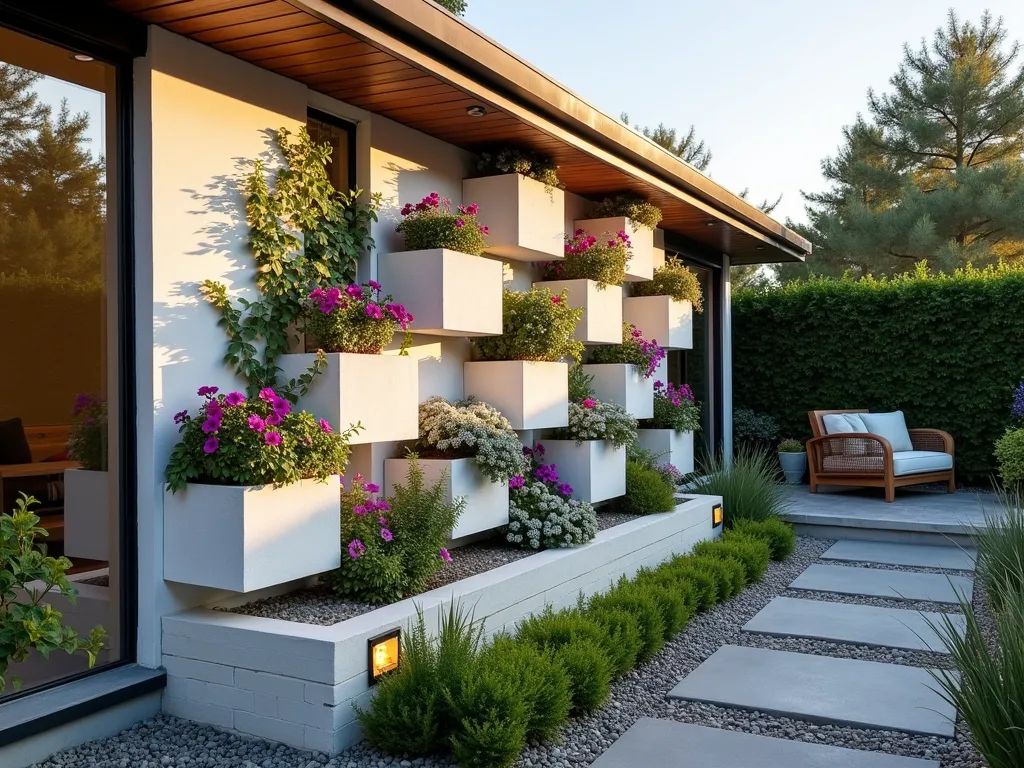 Modern Floating Cinderblock Garden Wall - A stunning architectural garden feature photographed during golden hour, showing a modern floating cinderblock garden wall against a contemporary house exterior. Crisp white-painted cinderblocks are artfully stacked with precise spacing, creating a geometric pattern with floating appearance. Cascading purple wave petunias, silvery dichondra, and vibrant green creeping jenny spill dramatically from the openings, creating a living wall effect. Shot with a wide-angle lens at f/8, capturing the entire installation while maintaining sharp detail. Natural golden sunlight casts dramatic shadows between the blocks, emphasizing the floating effect. Professional landscape lighting installed at the base illuminates the structure from below. The surrounding space features minimal modern landscaping with gravel and architectural grasses, allowing the floating garden to be the focal point.