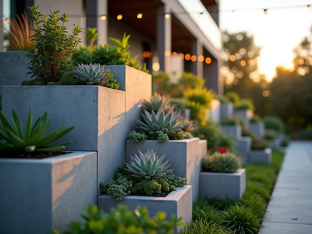 Geometric Cinderblock Living Wall at Sunset - A stunning architectural photograph of a modern geometric cinderblock wall garden at golden hour, shot at f/2.8 with a 16-35mm wide-angle lens. The wall features a bold zigzag pattern of stacked grey cinderblocks against a contemporary house exterior. Each block cavity showcases a vibrant mix of cascading succulents, purple echeveria rosettes, silver-green air plants, and fresh herbs. Soft sunset light casts dramatic shadows across the textured surface, highlighting the contrast between the industrial concrete and the organic plant forms. Low perspective shot emphasizes the vertical height, while selective focus draws attention to the lush plantings. String lights weave through upper blocks, creating a warm ambient glow.