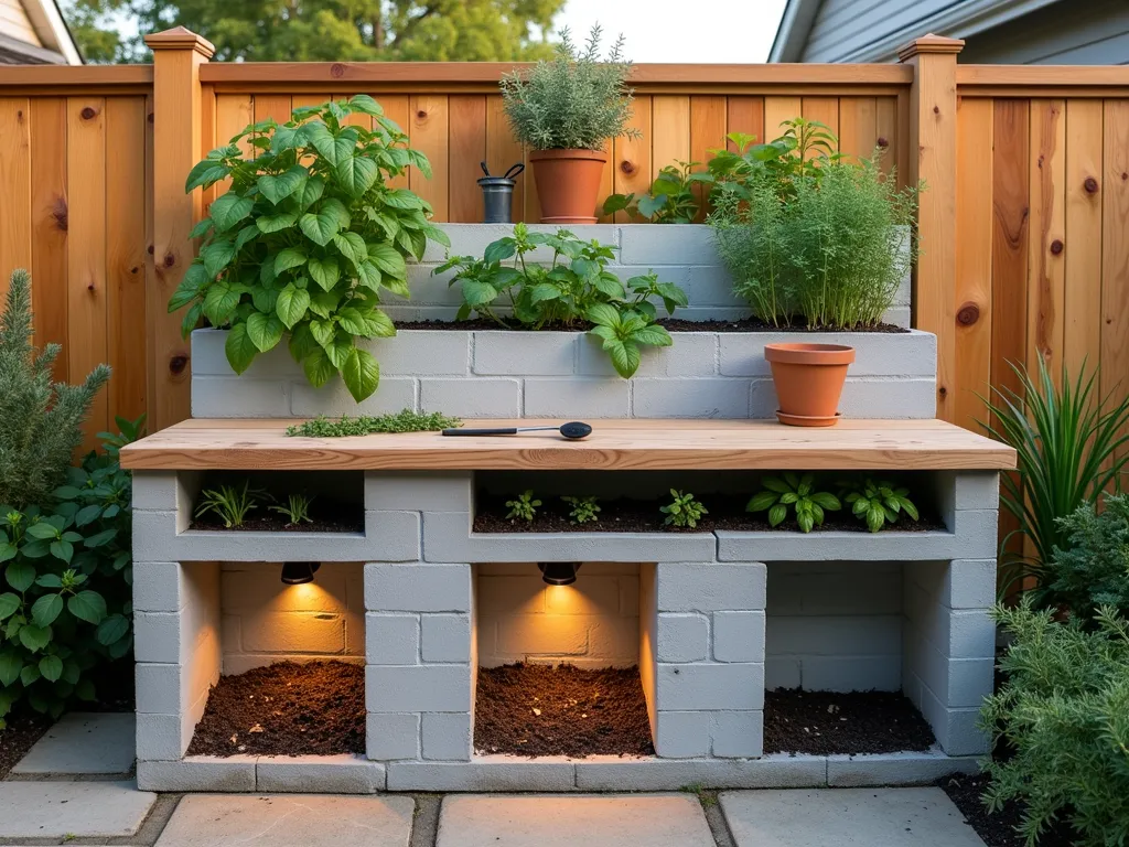 Modern Multi-Level Herb Garden Station - A professional photograph of a contemporary multi-level herb garden created with light gray cinderblocks, captured during golden hour. The structure features three ascending tiers against a wooden fence, photographed at f/2.8 with soft natural lighting. Fresh herbs grow from painted white cinderblock openings, including cascading thyme, bushy basil, and tall rosemary. A rustic wooden work surface spans across several blocks at waist height, holding gardening tools and terra cotta pots. The lowest level incorporates built-in tool storage within block cavities, lined with cedar wood. Small LED garden lights illuminate the herbs, creating warm highlights on the textured cinderblock surface. Shot with a wide-angle 16-35mm lens to capture the entire structure while maintaining intimate detail of the fresh herbs and architectural elements.