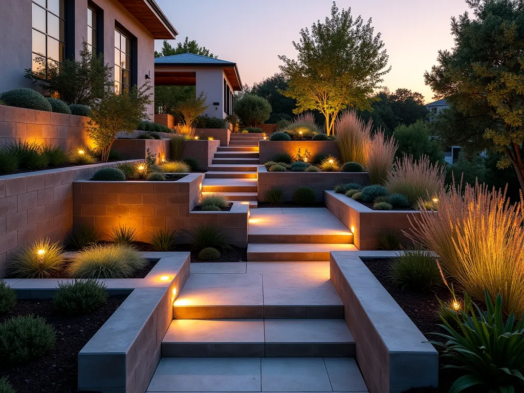 Modern Terraced Cinderblock Garden - A dramatic twilight photograph of a modern terraced garden built with cinderblocks, shot at golden hour with warm sunlight casting long shadows. The garden features three distinct levels carved into a sloping backyard, with each level supported by industrial-style gray cinderblock walls. Mediterranean plants cascade over the edges, while ornamental grasses sway in the breeze. The blocks are arranged in a sophisticated pattern, some painted in warm terra cotta and others left natural gray, creating visual interest. Shot with a wide-angle lens at f/2.8, capturing the entire terraced structure while maintaining subtle depth of field, with the lowest terrace in sharp focus. Small LED landscape lights illuminate the pathways between levels, creating a magical atmosphere as day transitions to dusk.