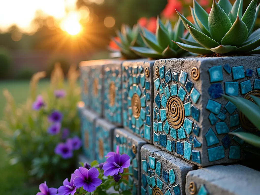 Cinderblock Mosaic Garden Wall at Sunset - A stunning garden wall made of stacked cinderblocks adorned with vibrant mosaic tiles in shades of blue, turquoise, and gold catching the warm evening light. The blocks are artfully arranged in a staggered pattern, with succulents and trailing purple petunias spilling out from the cavities. Close-up perspective showcasing the intricate mosaic patterns featuring spiral and floral designs, with soft bokeh effect in the background. The wall is backed by ornamental grasses and the golden glow of sunset creates dramatic shadows across the textured surface. Professional, architectural photography style with high detail on the mosaic work and plant textures.