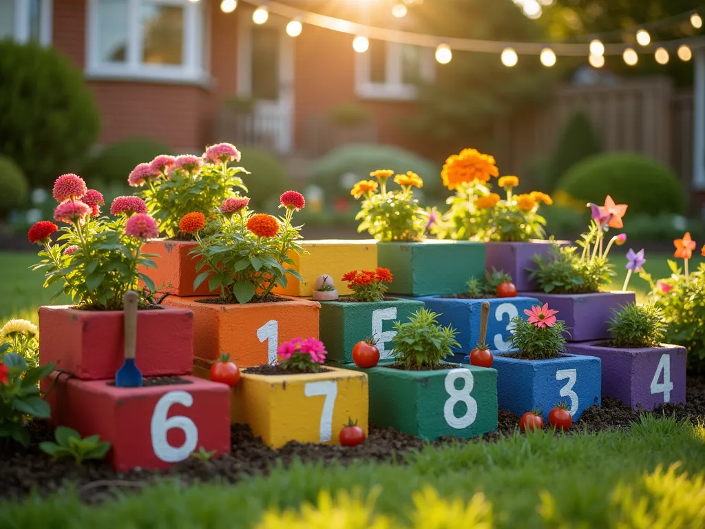 Rainbow Cinderblock Children's Educational Garden - A close-up shot of a vibrant children's garden at golden hour, featuring colorfully painted cinderblocks arranged in a stepped pattern. Each block is hand-painted in rainbow colors - red, orange, yellow, green, blue, and purple - with white numbers and letters stenciled on their faces. The blocks form small planters at varying heights perfect for children, filled with bright marigolds, cherry tomatoes, and strawberry plants. Cheerful garden decorations, including small butterfly stakes and pinwheels, are scattered throughout. Small children's gardening tools rest against the blocks, and a watering can painted to match the rainbow theme sits nearby. Soft evening sunlight casts warm shadows across the scene, while string lights draped overhead add a magical touch. The background shows a well-maintained lawn and established garden beds, slightly blurred for focus.