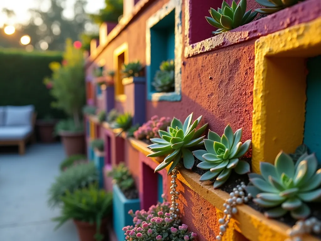 Rainbow Succulent Cinderblock Wall Garden - A stunning close-up shot of a modern garden wall made from cinderblocks painted in vibrant rainbow colors, arranged in a geometric pattern during golden hour. Each block opening contains different varieties of succulents - echeveria, jade plants, and string of pearls cascading down. The low sunlight casts dramatic shadows across the textured wall, highlighting the contrast between the colorful blocks and the green, purple, and pink succulent foliage. The wall serves as a contemporary focal point in a minimalist backyard patio setting, with soft bokeh effect in the background showing glimpses of outdoor furniture and string lights.