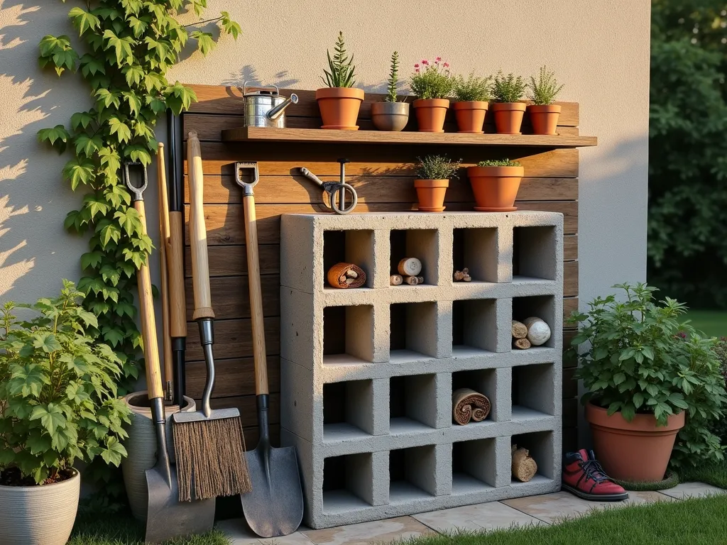 Rustic Cinderblock Garden Storage Unit - A rustic outdoor storage solution featuring weathered cinderblocks and reclaimed wooden planks arranged as shelving against a garden wall, captured during golden hour. The unit shows organized garden tools like rakes and spades leaning against it, while the cinderblock holes house small terra cotta pots with herbs and succulents. Climbing ivy partially covers one side, adding organic charm. The scene is photographed at a slight angle to show depth, with soft natural lighting highlighting the textural contrast between rough concrete blocks and smooth wood. Garden tools are neatly arranged on wooden shelves, creating an aesthetic yet practical display. A vintage watering can and some vintage garden implements add character to the scene.