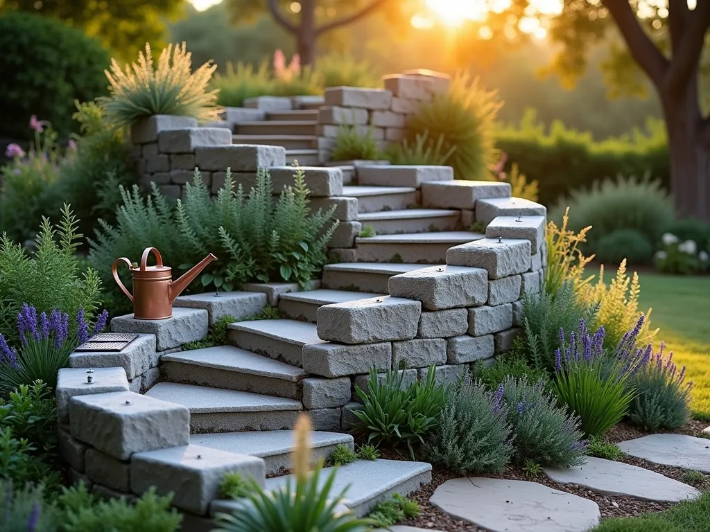 Elegant Cinderblock Spiral Herb Garden - A mesmerizing cinderblock spiral herb garden photographed during golden hour, shot from a 45-degree elevated angle with a 16-35mm lens at f/2.8. The three-tiered spiral structure rises gracefully from ground level to waist height, with weathered grey cinderblocks creating a harmonious ascending pattern. Mediterranean herbs cascade over the edges, including silvery sage, purple lavender, and vibrant thyme. Warm sunlight casts long shadows across the structure, highlighting the textural contrast between the rough cinderblocks and soft foliage. The spiral is set against a blurred background of mature garden trees, with subtle bokeh effects. Natural stone pathways wind between the spiral's levels, while small solar lights are nestled between herbs, preparing for dusk. A vintage copper watering can rests beside the lowest tier, adding a touch of rustic charm.