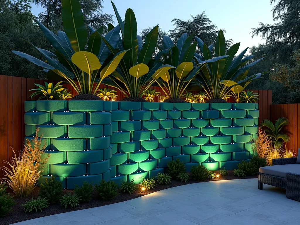 Illuminated Tropical Cinderblock Garden Wall - A stunning twilight scene of a modern backyard featuring a dramatic 6-foot-tall curved cinderblock planter wall, painted in ombre shades of turquoise and emerald green. The cinderblocks are artfully stacked in a staggered pattern, with warm LED lights glowing through their hollow centers. Lush bird of paradise plants and dwarf banana trees emerge from the top blocks, their large leaves dramatically backlit. The tropical foliage casts intricate shadows on the painted blocks, while smaller plants cascade down the front. Shot from a low angle to emphasize height, with the sunset sky visible behind, creating a magical garden atmosphere. The surrounding space includes a modern patio with minimal furniture, allowing the planted wall to be the focal point. Photorealistic, high detail, architectural photography style.