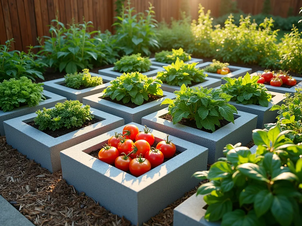 Modern Urban Cinderblock Vegetable Grid - A late afternoon garden scene showing a well-organized cinderblock grid vegetable garden. The geometric pattern of light gray cinderblocks creates perfect square growing spaces, photographed from a 45-degree elevated angle. Each cavity bursts with different vegetables: vibrant tomatoes, leafy kale, colorful peppers, and aromatic herbs. Warm golden sunlight casts long shadows across the raised beds, highlighting the modern, minimalist design. Natural wood mulch paths separate the grid sections, while the background features a subtle urban setting with wooden fence. Crisp details captured with professional camera settings show the texture of the blocks and the lush vegetation. The organized layout demonstrates efficient use of space with clear pathways for easy access.