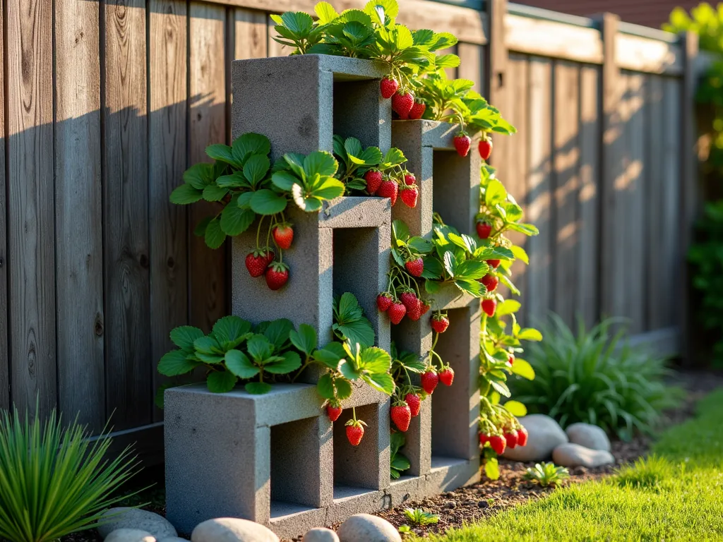 Vertical Cinderblock Strawberry Garden Tower - A stunning vertical garden tower made of stacked gray cinderblocks against a rustic wooden fence backdrop, bathed in warm late afternoon sunlight. The blocks are artfully arranged in a spiral pattern reaching 6 feet tall, with vibrant strawberry plants cascading from each opening. Lush green strawberry foliage and bright red berries spill out from the geometric concrete holes, creating a dramatic contrast against the industrial blocks. The base is surrounded by natural river rocks and ornamental grasses. Shot from a slight low angle to emphasize height, with shallow depth of field highlighting the juxtaposition of soft plants against hard concrete. Photographic style: DSLR, wide-angle lens, f/8, ISO 100, 1/125 sec, golden hour lighting casting long shadows and warm highlights on the structure.