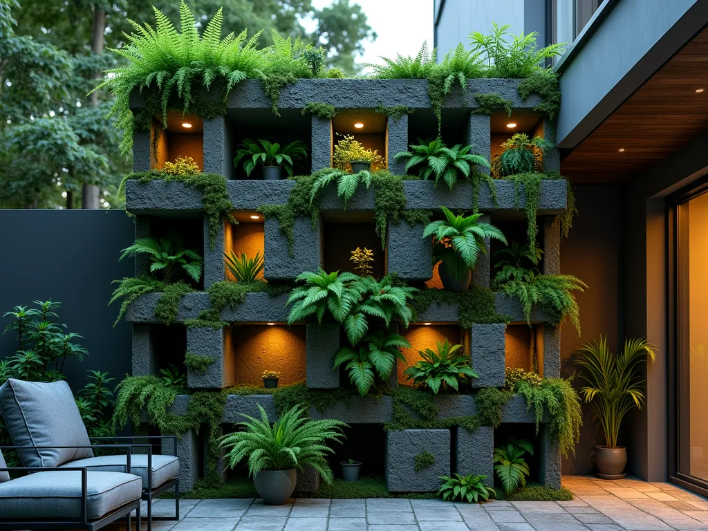 Verdant Cinderblock Fern Wall at Dusk - A dramatic wide-angle shot of a towering cinderblock wall at dusk, artistically stacked in a staggered pattern and painted in varying shades of forest green. Each block cavity hosts lush, cascading ferns that create a living tapestry. Boston ferns and Maidenhair ferns spill gracefully from the openings, casting delicate shadows in the warm evening light. Natural moss accents peek through between blocks, while subtle garden lighting illuminates the structure from below, creating a magical woodland atmosphere. The wall is positioned against a contemporary patio space with minimal furniture, allowing the living wall to be the focal point. Soft bokeh effects in the background suggest a private garden setting.