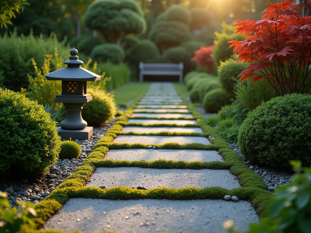 Cinderblock Zen Garden Path at Dusk - A serene Japanese-inspired garden path at dusk, photographed with a wide-angle lens. Horizontally placed cinderblocks create an elegant meandering pathway through a meticulously maintained garden. Each cinderblock hole is alternately filled with crushed white gravel and lush green moss, creating a rhythmic pattern. Stone lanterns cast a warm glow along the path, while carefully pruned Japanese maples and ornamental grasses provide a soft backdrop. The path leads to a small wooden meditation bench in the distance. Captured with shallow depth of field, emphasizing the textural contrast between the industrial cinderblocks and the organic elements. Golden hour lighting creates long shadows across the path, while dewdrops on the moss catch the evening light.