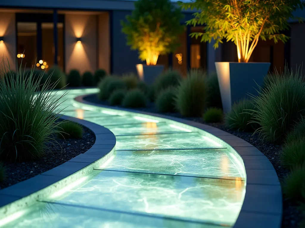 Modern Illuminated Garden Path with Frosted Panels - A mesmerizing twilight garden scene featuring a contemporary pathway made of frosted acrylic panels embedded in the ground, backlit with warm LED lighting creating a ethereal glow. The translucent panels have a subtle blue-green tint and geometric texture pattern, bordered by minimalist landscaping with ornamental grasses. The path curves gently through a modern garden space, with dramatic shadows cast by architectural plants. Shot from a low angle perspective to emphasize the luminous effect, with the panels appearing to float above the ground. Soft ambient lighting from contemporary bollards complements the pathway's glow, while sleek metal planters with bamboo create vertical interest in the background.