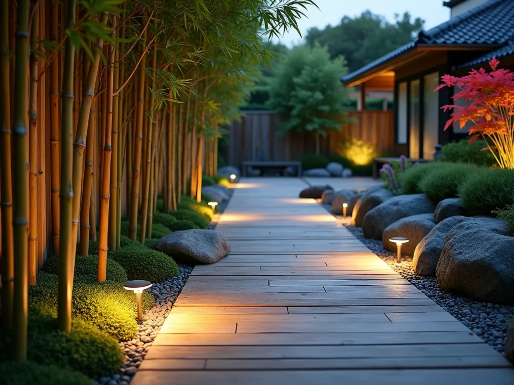 Contemporary Bamboo Stone Garden Path - A serene garden path at dusk featuring alternating sections of warm-toned bamboo decking and smooth gray stone slabs, creating a contemporary Japanese-inspired walkway. The path is flanked by tall bamboo plants casting gentle shadows, with carefully placed river rocks and moss accents. Modern LED ground lights illuminate the path edges, while maintaining a minimalist aesthetic. A small water feature can be seen in the background, complementing the zen atmosphere. The path leads through a meticulously manicured garden with Japanese maples and ornamental grasses, shot from a low angle to emphasize the interplay of materials and textures.