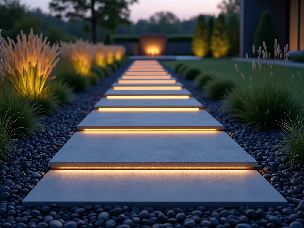 Modern Floating Garden Path - A stunning modern garden pathway at dusk featuring large rectangular concrete pavers floating 2 inches above a pristine bed of polished black river rocks. The minimalist stepping stones are precisely spaced 4 inches apart, creating a dramatic geometric pattern. Soft landscape lighting illuminates the path from below, casting ethereal shadows and highlighting the floating effect. Low-growing ornamental grasses frame the edges, while sleek LED strip lighting underneath each paver creates a subtle ambient glow. Photographed from a low angle with a wide-angle lens, capturing the path leading towards a contemporary water feature in the background. The composition emphasizes the clean lines and floating effect of the pavers against the dark textural contrast of the rocks. Shot with natural twilight and artificial lighting, f/8, ISO 100, 1/125 sec.